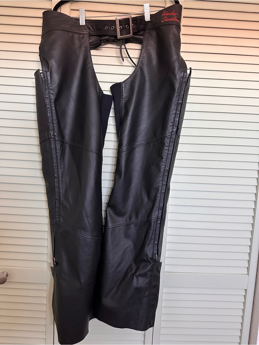 Harley-Davidson Black Leather Wide-Leg Riding Chaps with Red Script